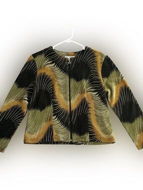 A&K Design Zip-Up  Textured Wave Print Jacket in Black, Olive, Gold. Size L